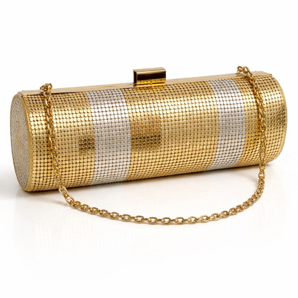 BCBG Max Azria Gold Mesh Cylinder Clutch Evening Bag Metallic Chain Party Purse